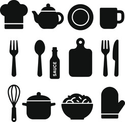 Kitchen Utensils and Cookware silhouette Icons Set, Collection of black and white cooking tools and kitchenware vector illustrations