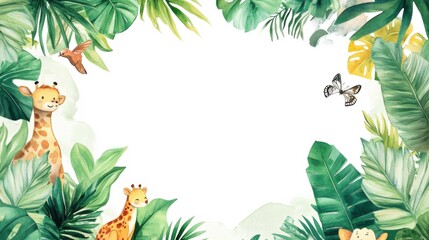 Whimsical Jungle Scene with Giraffes, Tropical Plants, and Butterflies