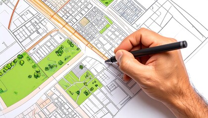 Architect's hand drawing on urban planning map