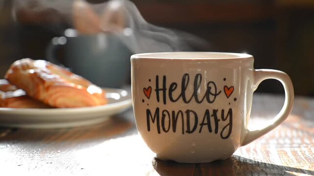 A steaming mug with hello monday text and pastry on a plate on a patterned surface indoors