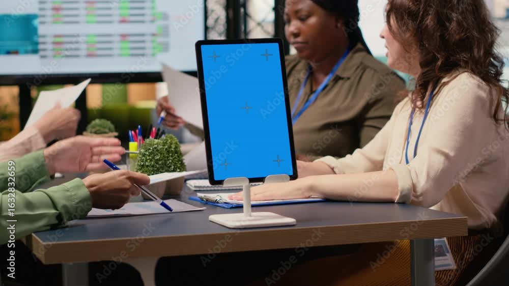 Poster businesswomen use a copy space display and charts to pitch career vision, transforming isolated spac