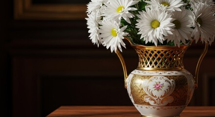 Elegant white daisies in ornate gold vase