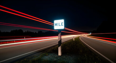 Night Road Journey With Mile Marker and Light Trails Effect