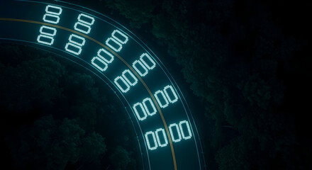Road Markers Shining Brightly Forming an Abstract Curvy Visual Effect at Night