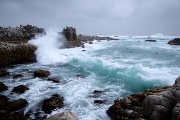 Aerial View of Stormy Seas Over Rocky Shore: Wild Weather With Crashing Waves, Dynamic Oceanic Scenery, and Storm Clouds in a Remote Coastal Landscape