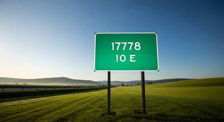 Road Sign Along Scenic Green Field Under Clear Sky At Sunrise