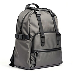 Naklejka premium A gray backpack with black straps and zippers on a white background in a studio setting