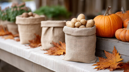 Autumn harvest display with potatoes and pumpkins on rustic wooden table