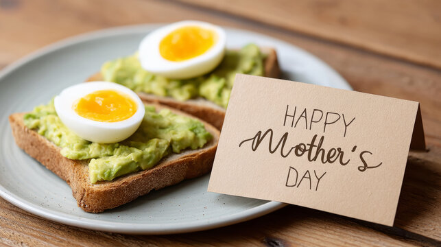 Avocado toast with egg and happy mother's day card on wooden table