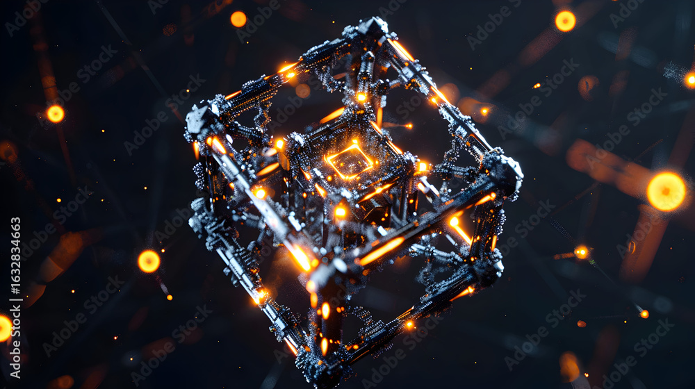 Poster futuristic technology cube with glowing orange lights for cutting-edge designs and high-tech visuals
