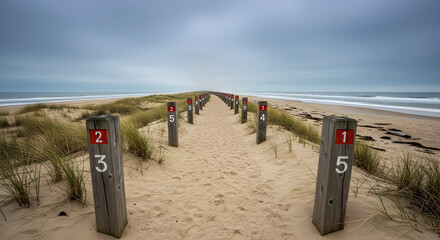 Numbered Beach Poles Stretching into Distance on Cloudy Day Coastal Path