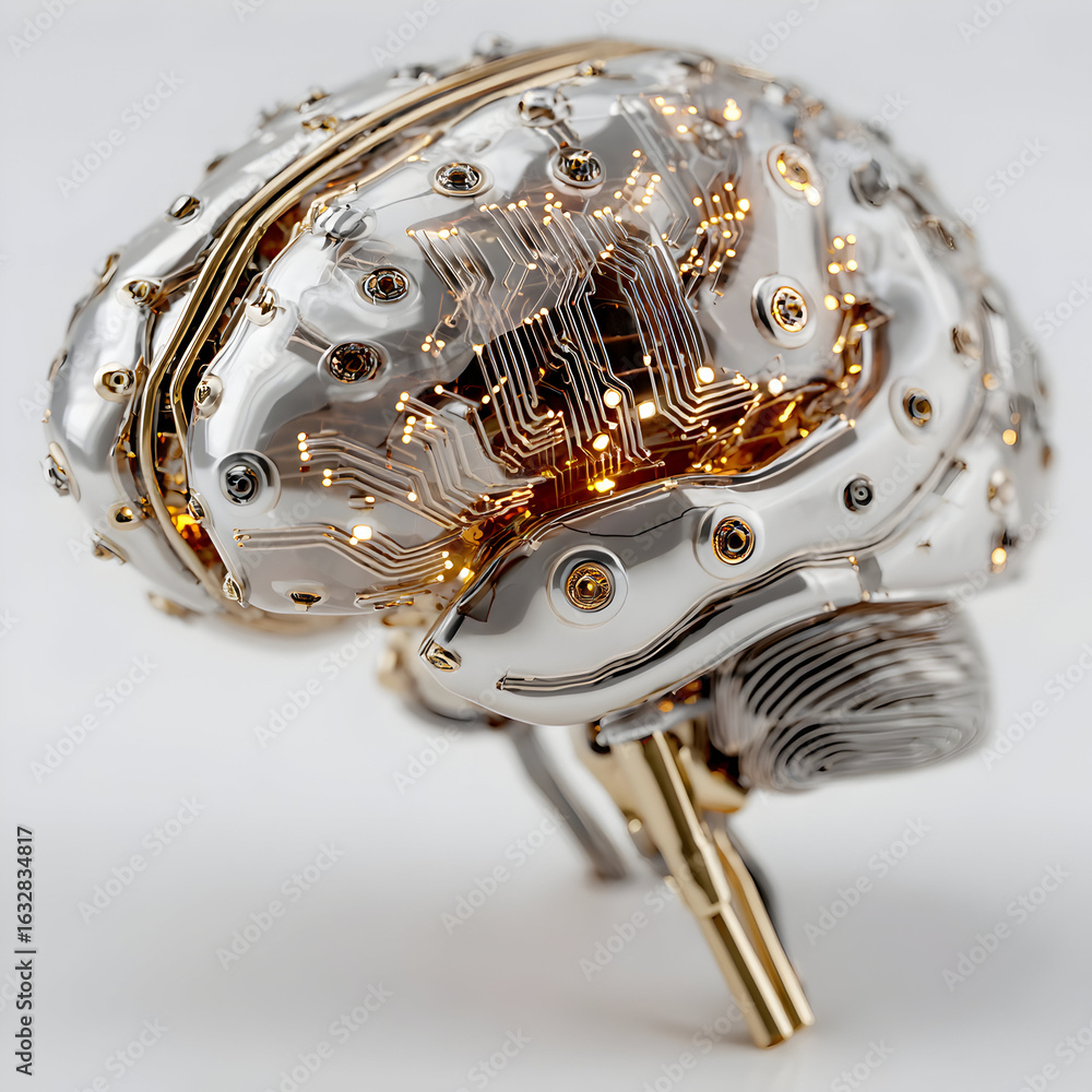 Poster futuristic silver and gold brain concept art with glowing circuit patterns, representing advanced te