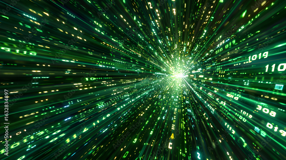 Poster dive into the digital realm with this striking green binary code flowing through space, perfect for 