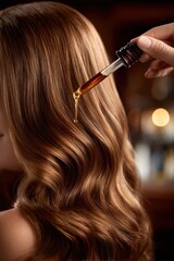 Obraz premium Luxurious hair oil application, highlighting glossy, healthy brunette hair for premium hair care promotion.