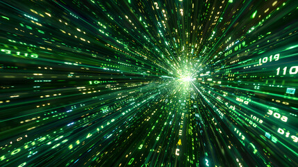 Dive into the Digital Realm with this Striking Green Binary Code Flowing Through Space, Perfect for Tech Startups, Futuristic Visions, and Cutting-Edge Innovation Presentations