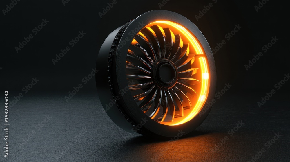 Aufkleber an illuminated stylized fan component positioned within a dark environment