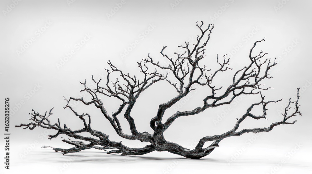 Poster the skeletal structure of a fallen tree against a white background