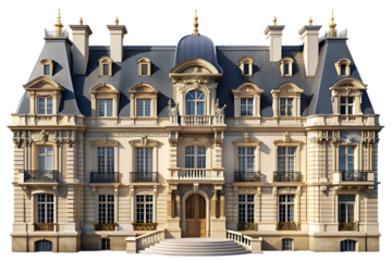 3d rendered ornate French Empire style mansion with mansard roof and gold accents isolated on a transparent background
