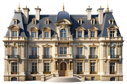 3d rendered ornate French Empire style mansion with mansard roof and gold accents isolated on a transparent background - Powered by Adobe