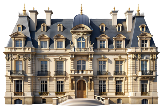 3d rendered ornate French Empire style mansion with mansard roof and gold accents isolated on a transparent background