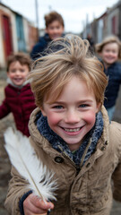 Obraz premium Joyful boy with feather leads playful chase through neighborhood, radiating childhood happiness. Smiling and laughing with friends.