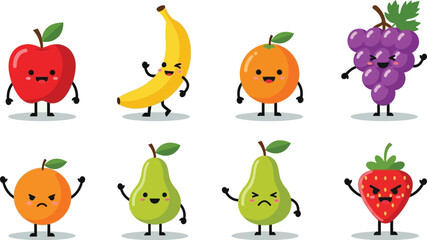 Cartoon fruit characters with different expressions including happy angry and neutral on white background