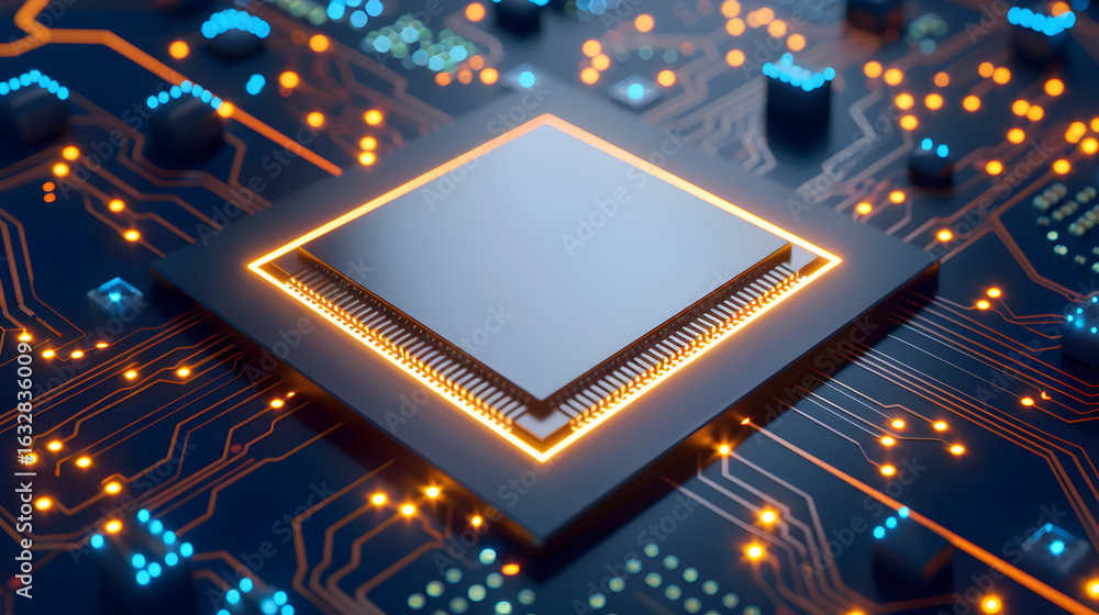 Poster modern glowing cpu on a dark circuit board creates a futuristic technology vibe, perfect for illustr