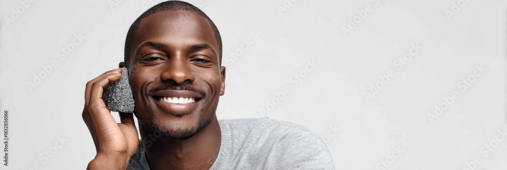 Poster smiling man with a skincare product relaxing and enjoying self-care routine in a bright and inviting