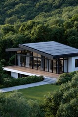 Sunset Eco Sanctuary - Advanced 2:3 Architectural Visualization of Sustainable Smart Home with Solar Panels