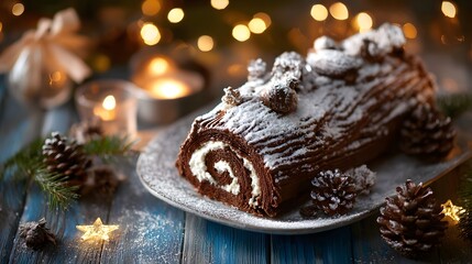 Yule Log Chocolate Dessert: Christmas Cake with Cream Filling and Powdered Sugar for Festive Food at Holiday Gathering on Rustic Table with Pine Cones and Warm Lights