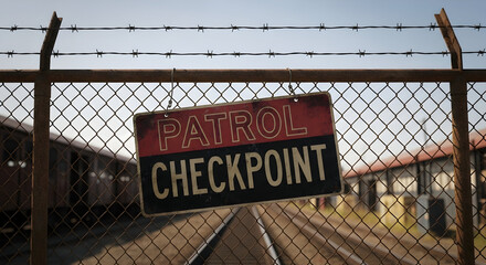 Ominous Patrol Checkpoint Sign on Fence With Barbed Wire Background