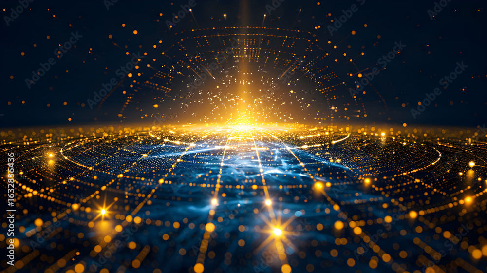 Poster experience the future with this dynamic golden network visualization, perfect for illustrating cutti