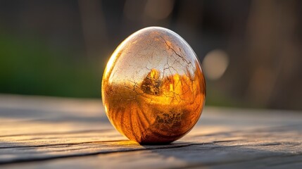 A golden egg sits on a wooden table reflecting sunlight brightly