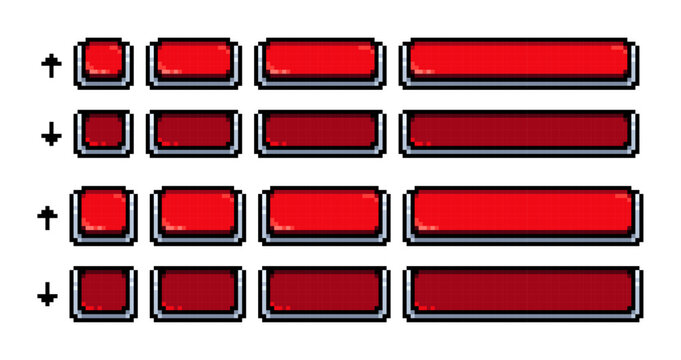 Red pixel art buttons with hover and click states in varying sizes. Interface element for video game design and web development.