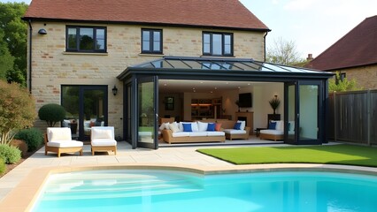 Modern conservatory extension with bi fold doors opening onto a swimming pool and garden
