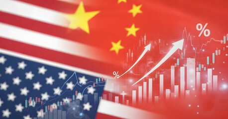 Navigating Trade Winds: A conceptual composition highlighting the economic relationship between the U.S. and China, symbolized by their national flags and ascending financial graphs