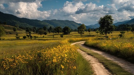 Winding dirt path through a field of yellow wildflowers and green grass with mountains and trees under a cloudy sky