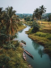 Overhead view of a serene tropical river winding through lush green vegetation with three traditional wooden boats