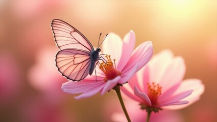 A delicate butterfly perches on a vibrant pink cosmos flower, illuminated by soft, golden morning sunlight in a serene summer garden.