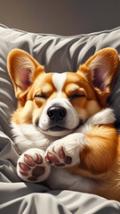 Cardigan Welsh Corgi dog with sweet facial expressions curled up in a cozy position fast asleep