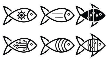 Obraz premium Six stylized fish icons; abstract, minimalist line art; technology, nature, and innovation concepts; black and white vector illustration.