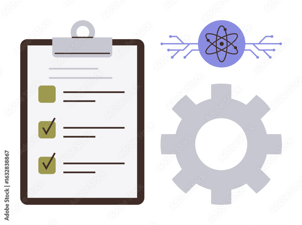 Aufkleber clipboard with multiple checklist items, gear for process automation, atomic icon symbolizing innova