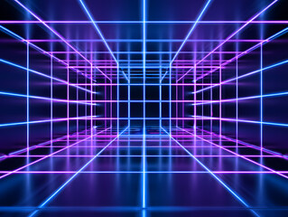 Abstract futuristic neon grid tunnel with glowing blue and purple lines receding into the distance