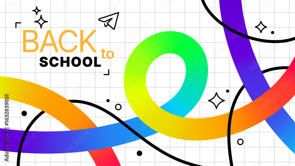 Leinwandbilder back to school text on a grid background with colorful abstract shapes and geometric line patterns. 
