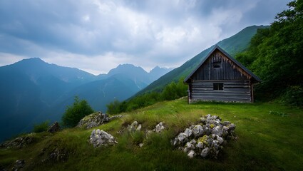 Rustic wooden cabin nestled on a grassy mountain slope with dramatic cloudy sky