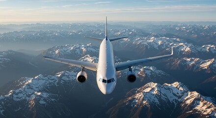 Soaring Heights: A passenger aircraft gracefully navigates through the clouds, offering a breathtaking view of snow-capped mountain ranges beneath.