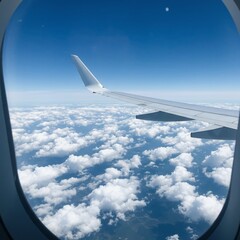 Obraz premium A Skyward Voyage: View from an airplane window revealing a beautiful expanse of fluffy clouds and a bright, clear blue sky, evoking feelings of wanderlust and adventure.