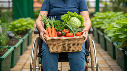 Wheelchair assisted living improves quality of life. A person in a wheelchair holds a basket of fresh vegetables in a greenhouse setting.