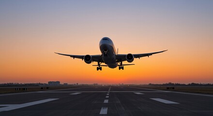 Fototapeta premium Skyward Ascent: An aircraft takes flight against the canvas of a breathtaking sunset, the embodiment of travel, movement, and the endless possibilities of exploration.