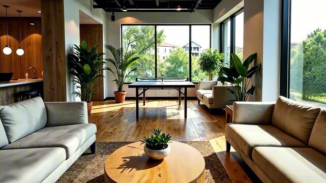 Modern office lounge, cozy seating area featuring two sofas and a round wooden coffee table, ping pong table in the background. Concept of coworking, real estate, interior design.